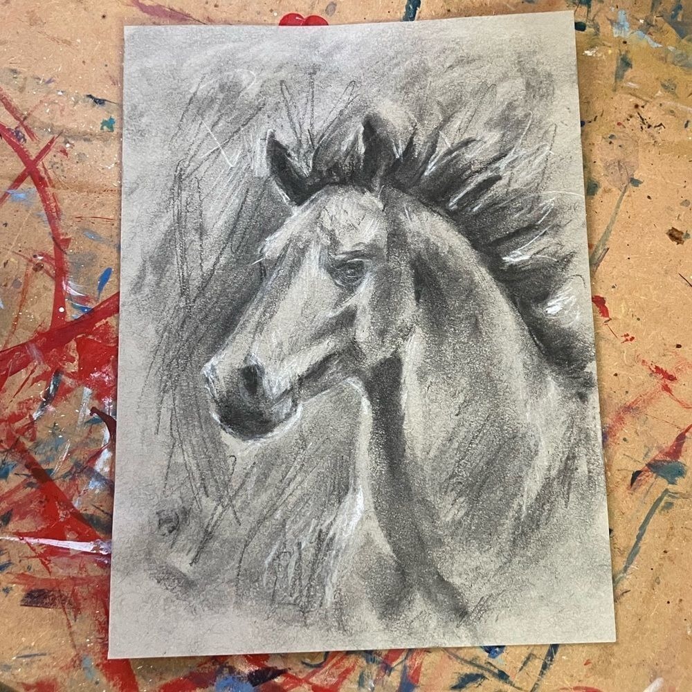 Western Original Painting Colt Horse Art equestrian charcoal pastel Artettina